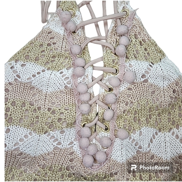 Tularosa Walker One Piece Neutral Crochet Pom Pom Swimsuit in Small - Picture 6 of 8